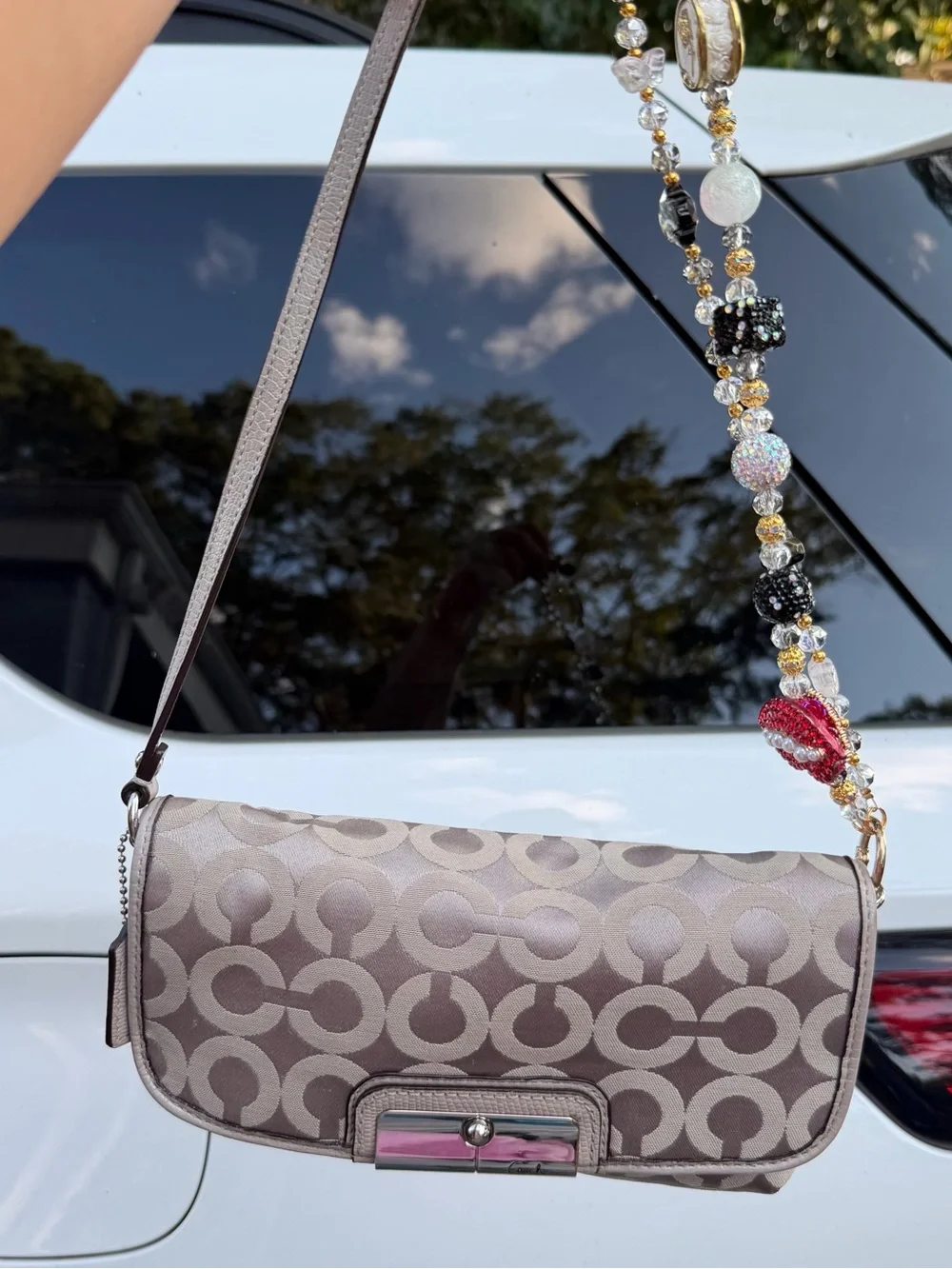 Coach Taupe Signature Jacquard Shoulder Bag with Beaded Strap Accent